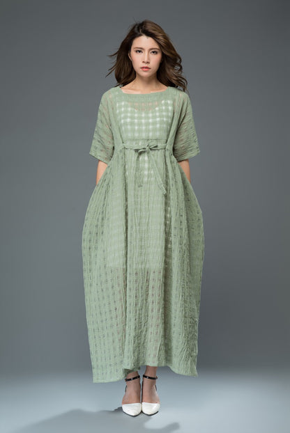 Green plus size plaid long linen dress c921