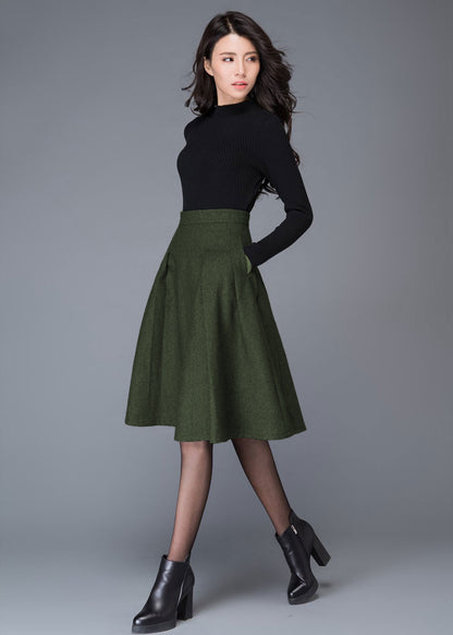 Vintage Women Army Green Wool Skirt C4529