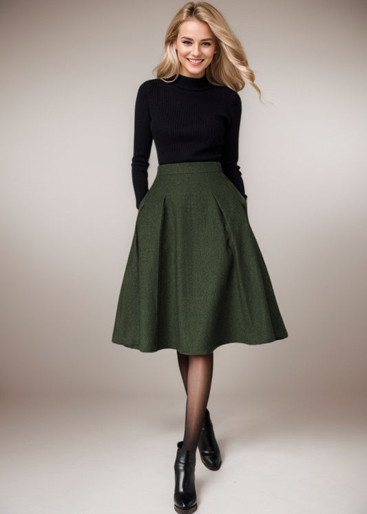 Vintage Women Army Green Wool Skirt C4529