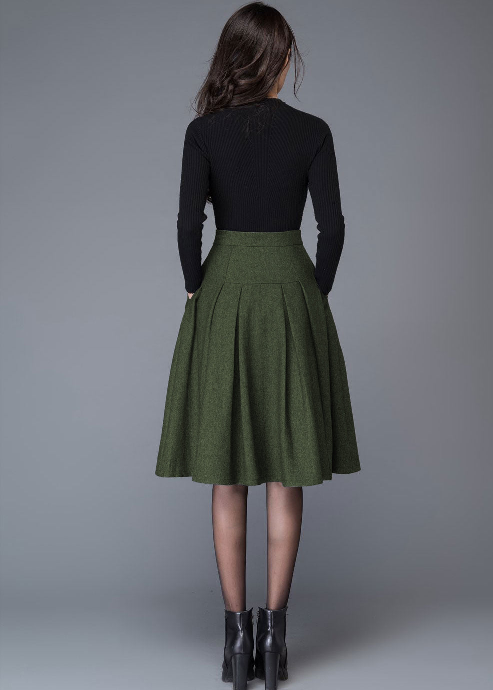 Vintage Women Army Green Wool Skirt C4529