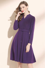 Load image into Gallery viewer, V neck purple winter wool dress with belted waist C3442
