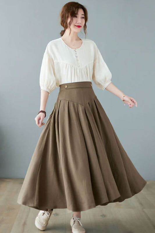 Midi linen skirt, pleated skirt women C2371