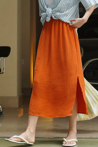 Elastic waist side slit casual midi skirt C3363