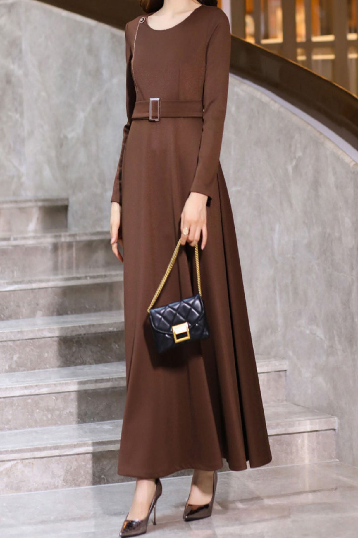 Women's Autumn Coffee Long Dress  C3640