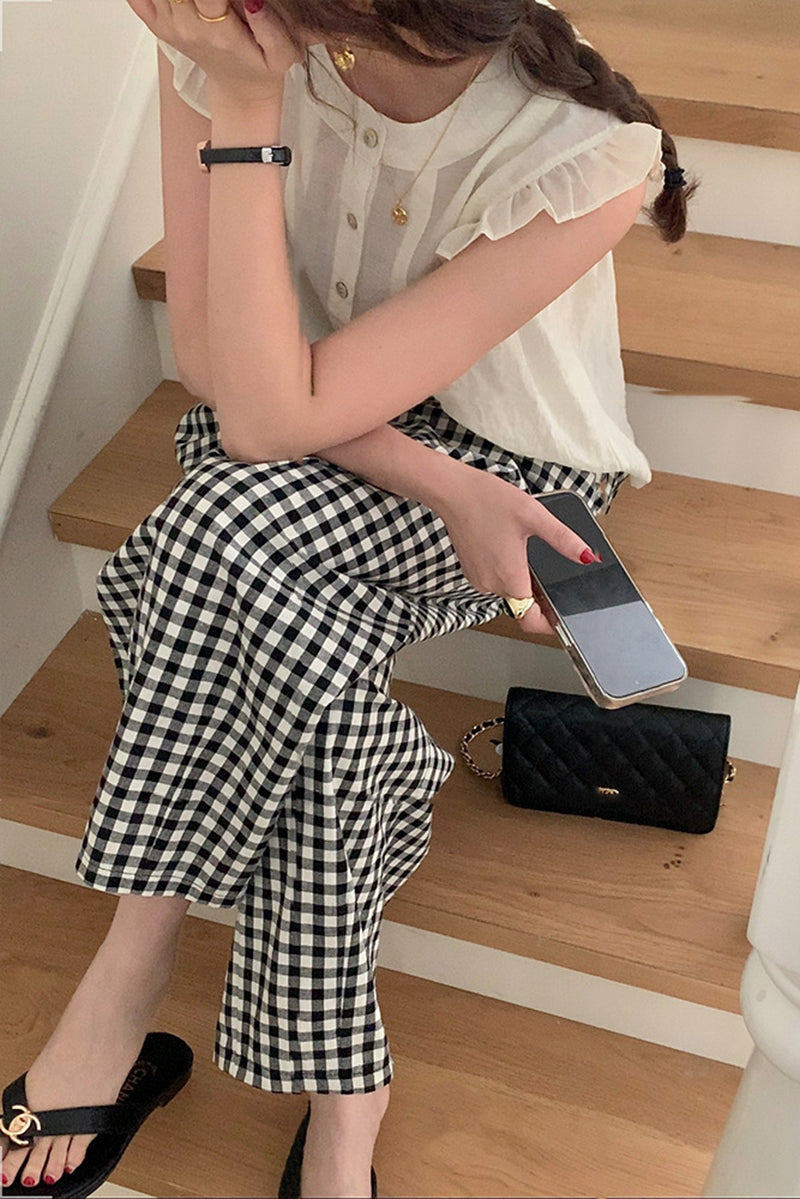 Black and white plaid casual pants C3370