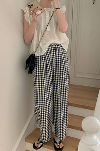 Black and white plaid casual pants C3370