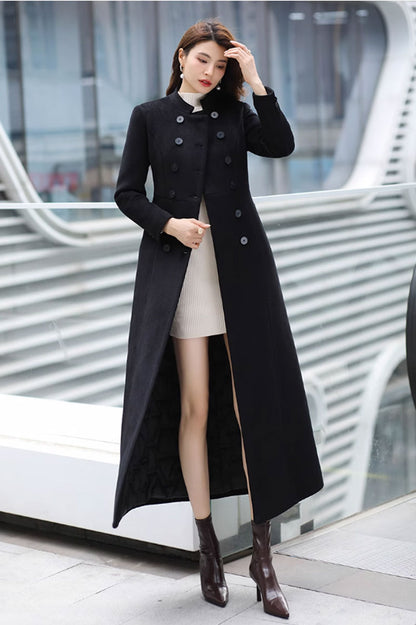 Long wool coat, Black wool coat, A line wool coat C3708