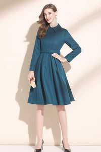 winter wool dress with lapel collar and belted waist C3422