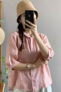 short sleeves summer linen shirt top C3845