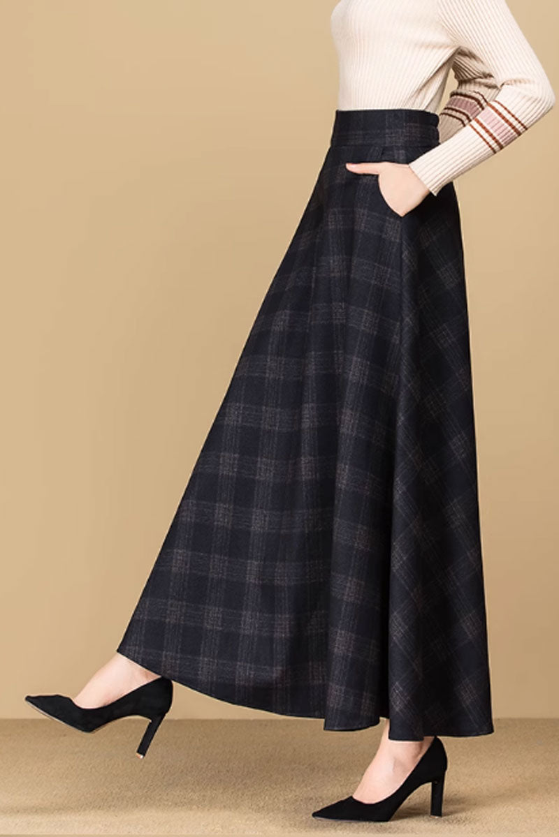 plaid winter wool skirt with pockets C3747