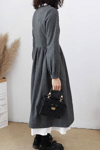 Grey pleated winter wool dress women C3647