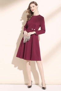 wine red fit and flare wool dress women C3420