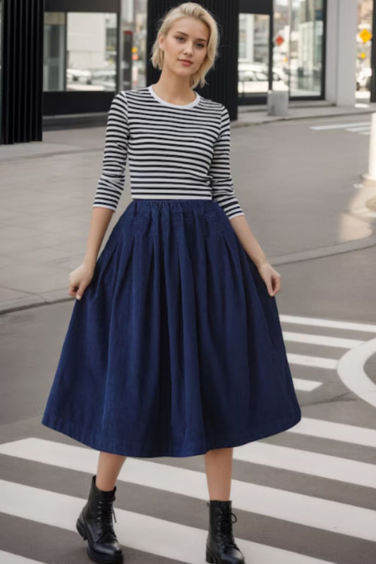 Blue High Elastic Waist Corduroy Skirt Midi C2617