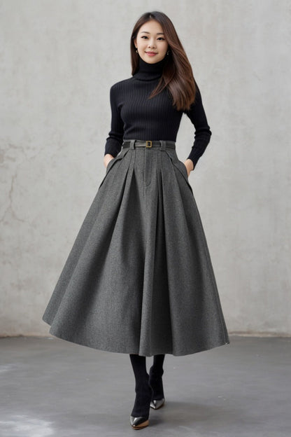 Gray Midi Wool Skirt Women C3553