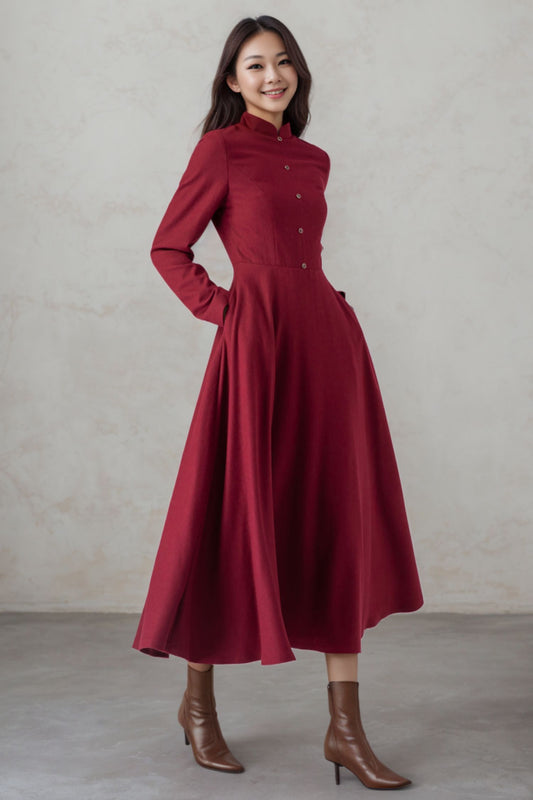 Burgundy Wool Fit and Flare Dress C4455