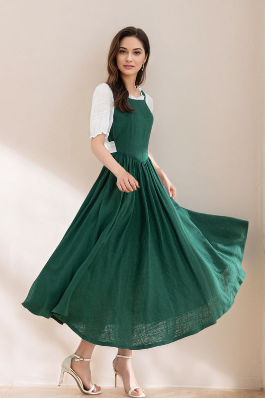 Womens dark green Linen midi Cottagecore Dress c5332