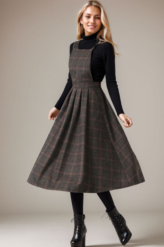 Plaid Wool Pinafore Pleated Winter dress C4271