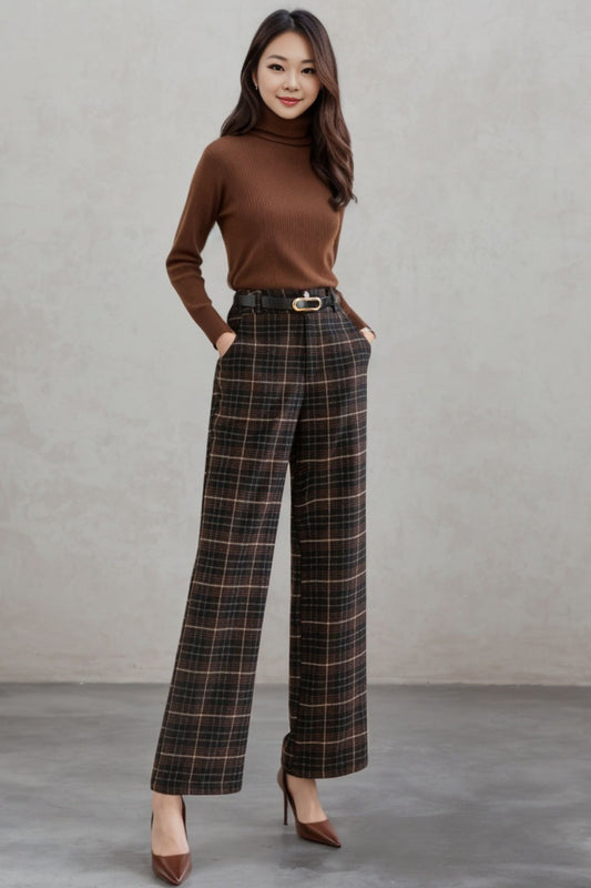 Wide leg Plaid Wool Pants C4461