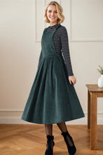 Load image into Gallery viewer, Dark Green Pleated Corduroy Pinafore Dress C4359
