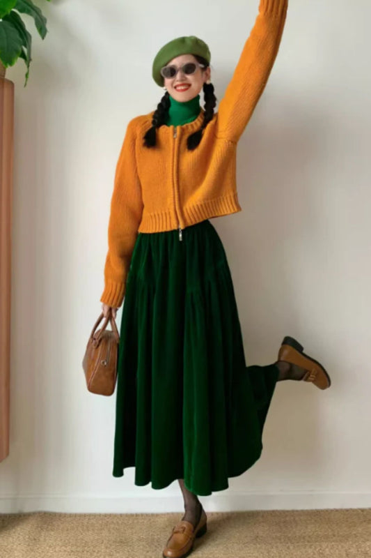 Green midi velvet winter skirt women C4539