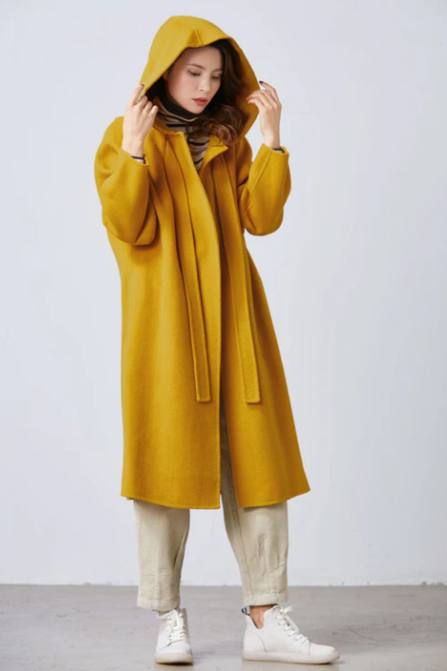 Mustard yellow cape coat, hooded coat C1713