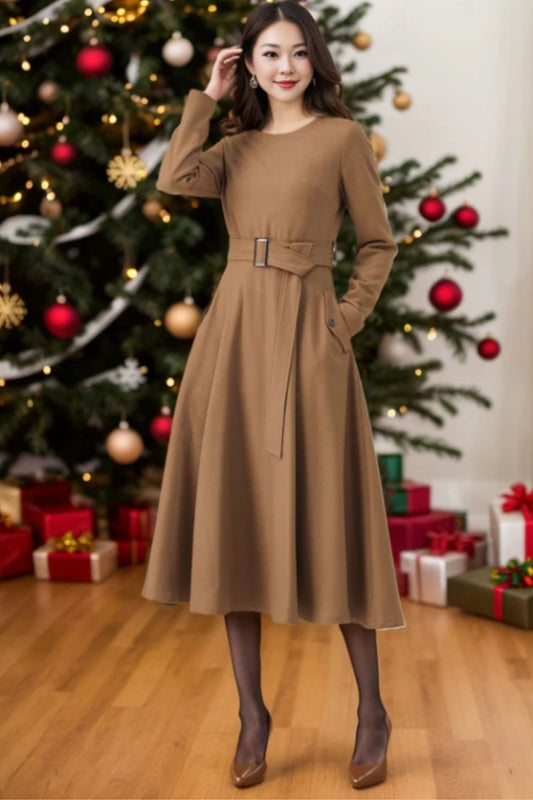 Midi Wool Dress, Belted Dress, Fit and Flare Dress C4719