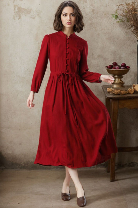 red linen dress with drawstring waist c4775