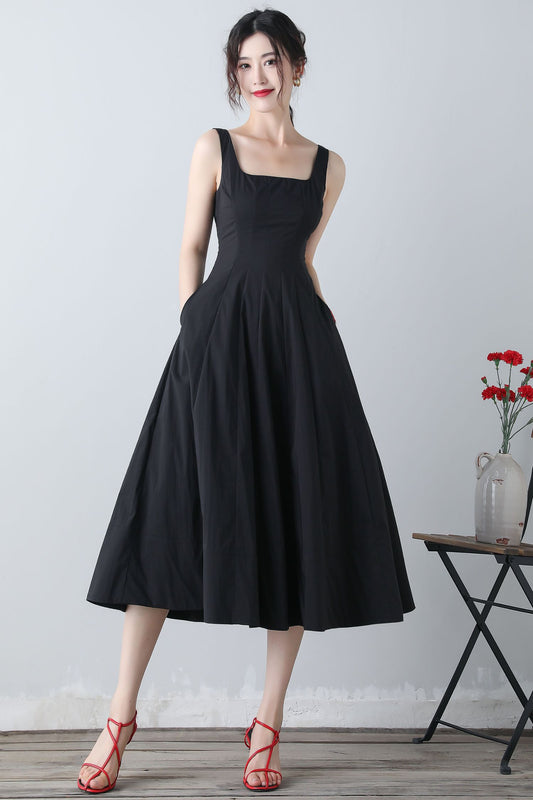 Summer Sleeveless Black Midi Dress C3455