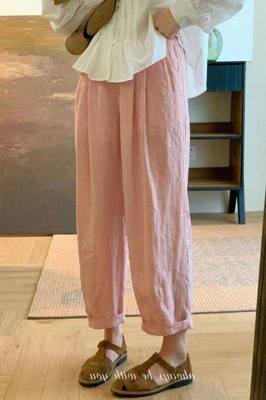 Pink casual linen cropped radish pants C3471