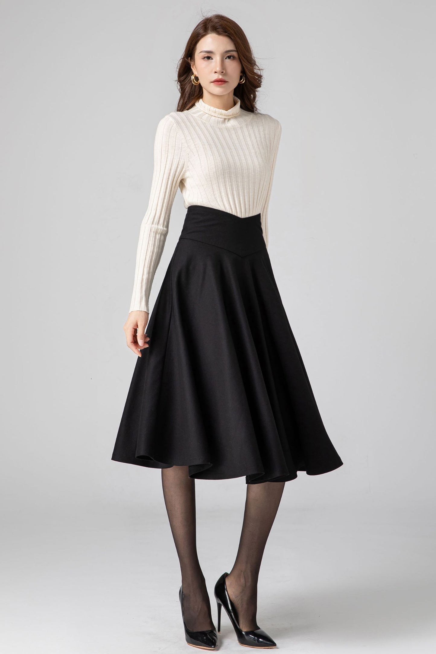 Black Knee Length Wool Skirt Women C3584