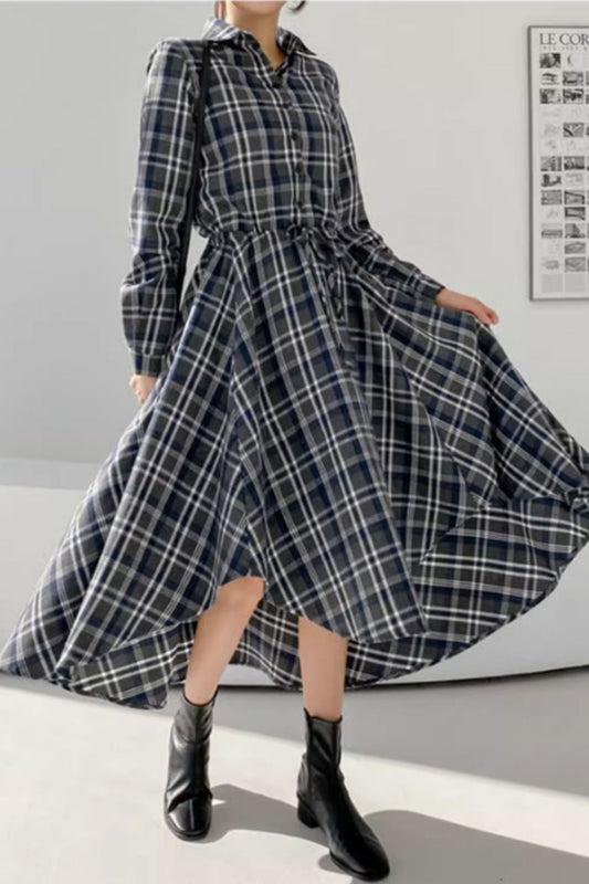irregular plaid long sleeves dress with drawstring waist C3495