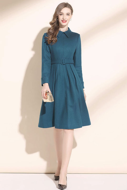 winter wool dress with lapel collar and belted waist C3422