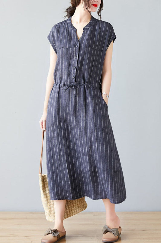 Striped Linen Sleeveless Loose Fit basic midi dress C1990