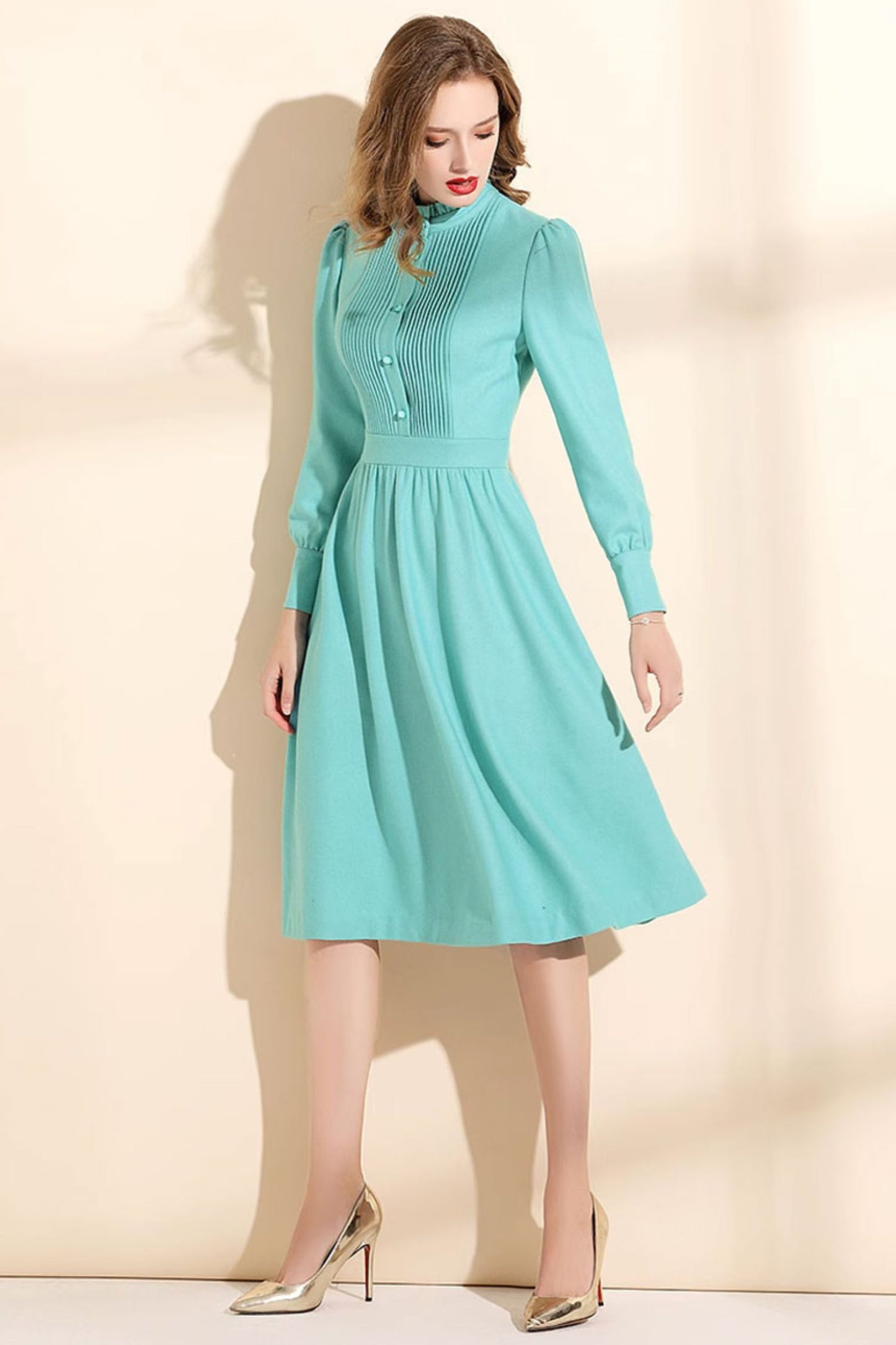 Mint green wool dress, womens winter dress with ruffle details C3466