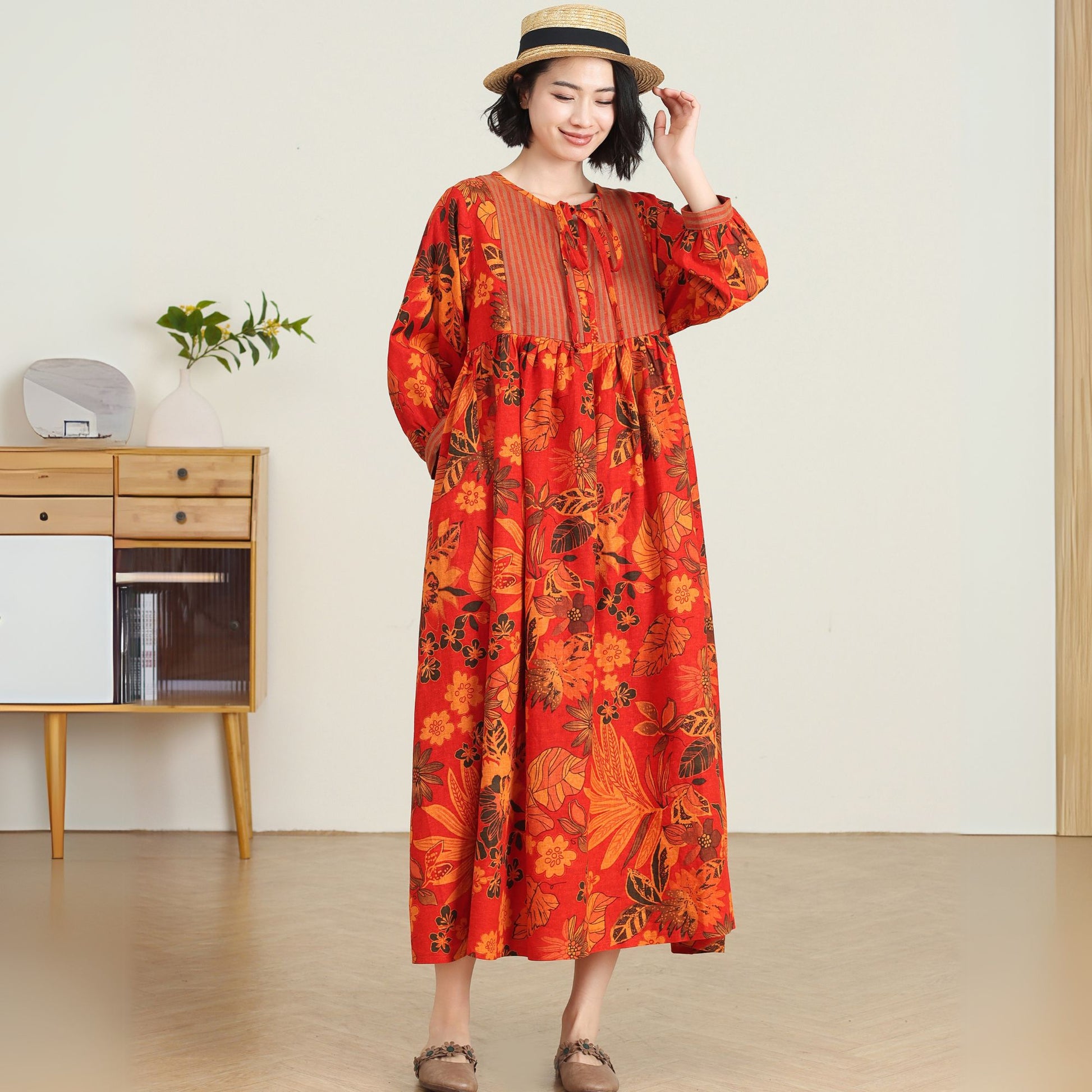 Plus size Long floral linen maxi dress C4734 YLISTYLE Plus size Long floral linen maxi dress C4734 YLISTYLE