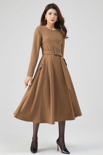 Midi Wool Dress, Belted Dress, Fit and Flare Dress C4719