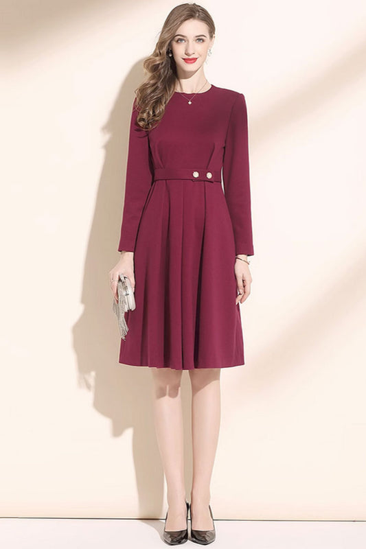 wine red fit and flare wool dress women C3420