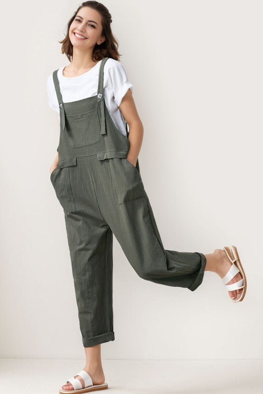 Summer green linen jumpsuit women C1697