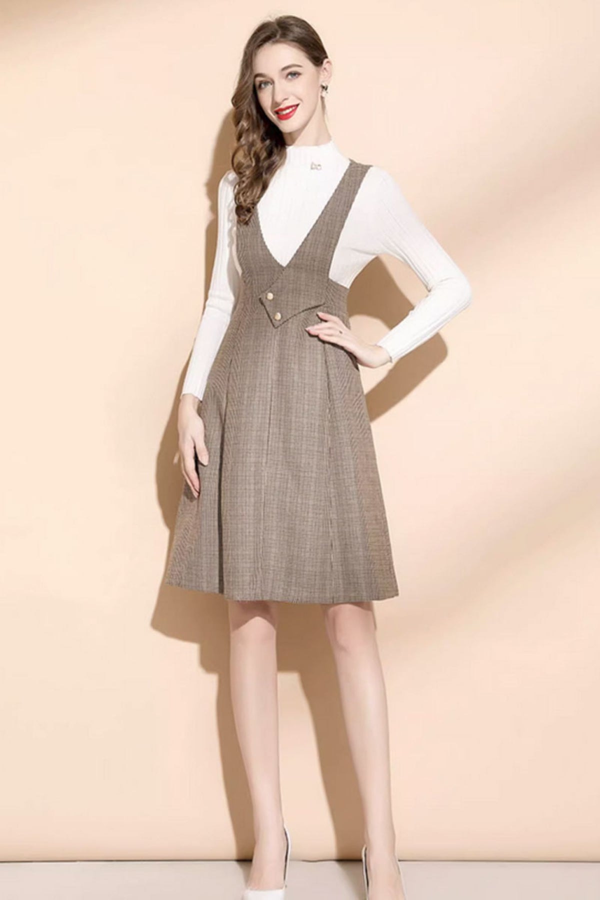 a line pinafore dress Brown Wool with Sleeveless A-Line Silhouette for Winter Plaid / Custom Order nav-24 Baobab Lena Dress in Tamaño:2XL ideal for and winter