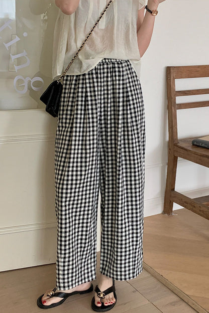 Black and white plaid casual pants C3370