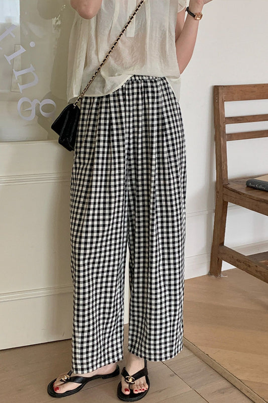 Black and white plaid casual pants C3370