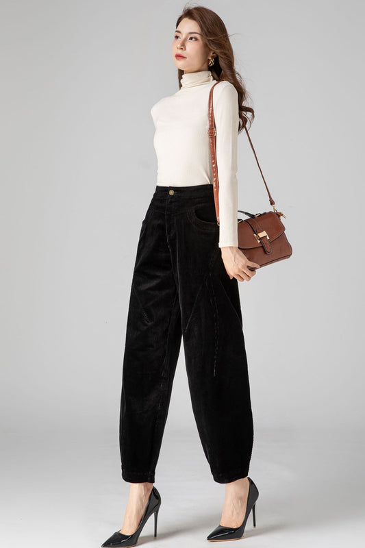 Black Corduroy Pants Women, Tapered Pants C3592