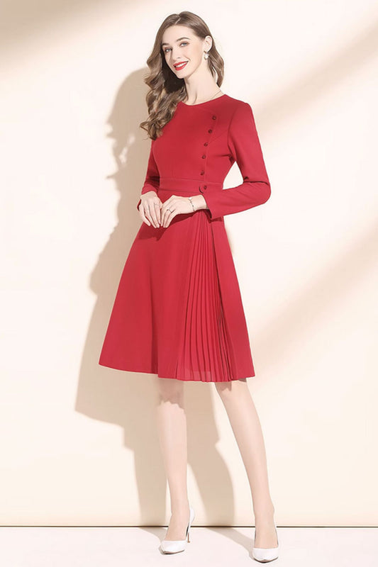 Fit and flare winter red wool dress with long sleeves C3440