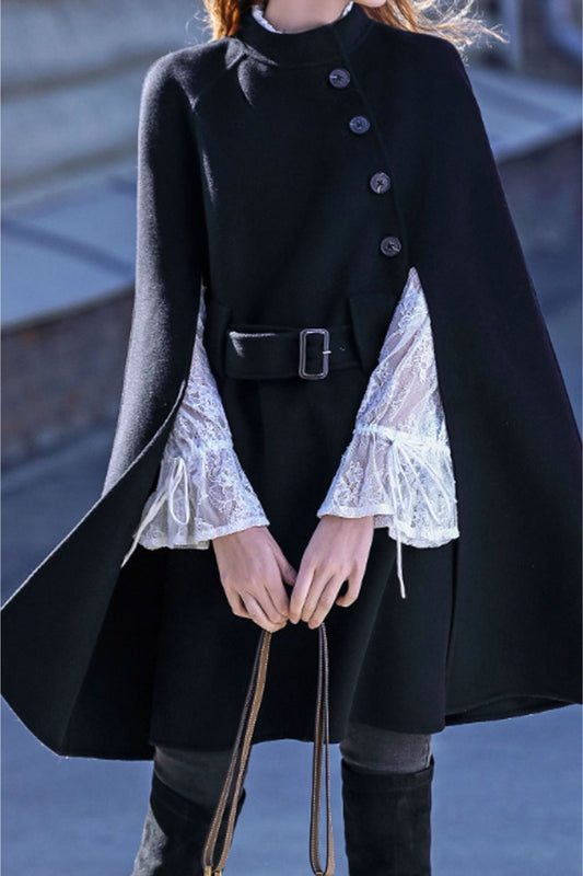 Asymmetrical belted winter wool cape women C3652