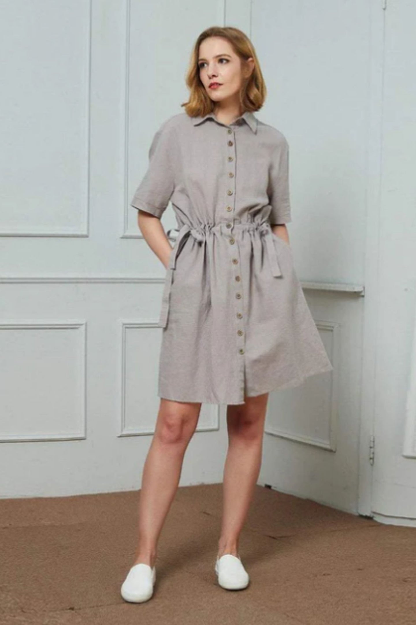 Gray summer linen dress women C1455, yy04046