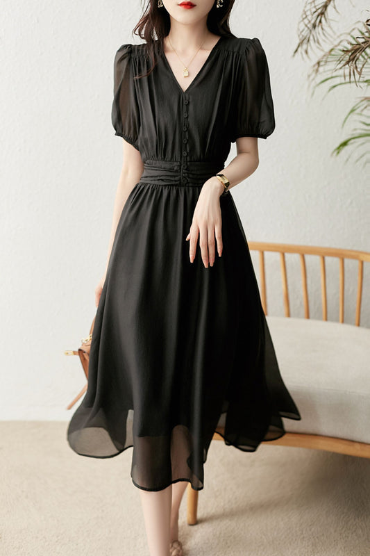 High waisted bubble sleeved V-neck mid length dress C3467