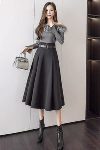 High waisted a line winter wool skirt with pockets C3432
