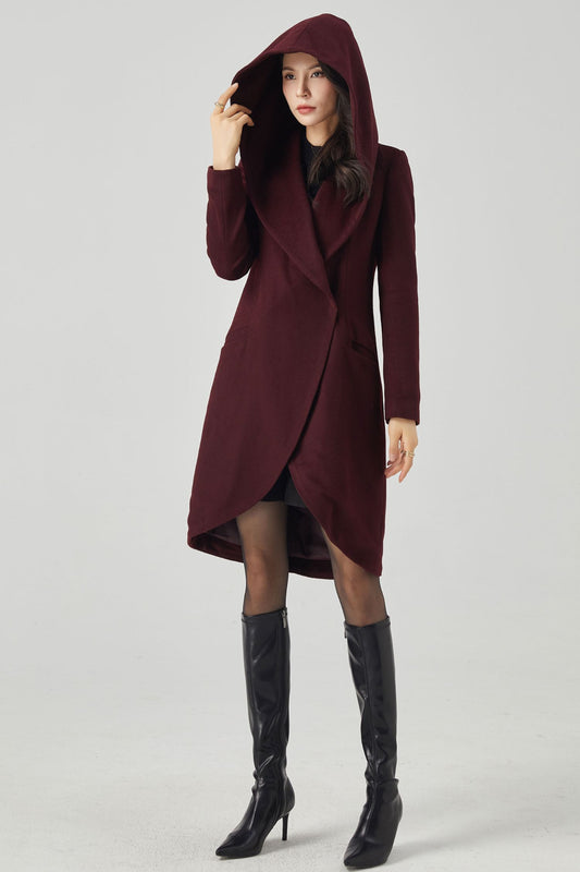 Hooded Wool Asymmetrical Wrap Coat C3567- Size M us8 #CK2301050