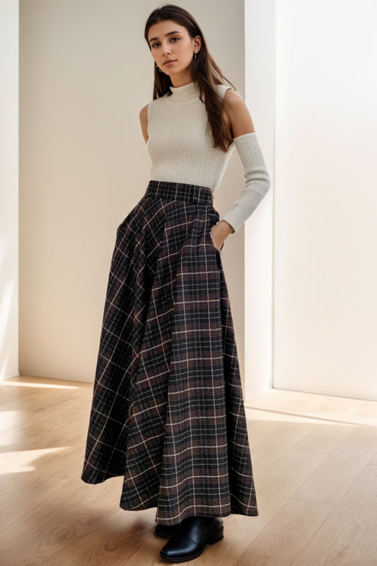 Retro Plaid High Waisted Maxi Wool Skirt C4265