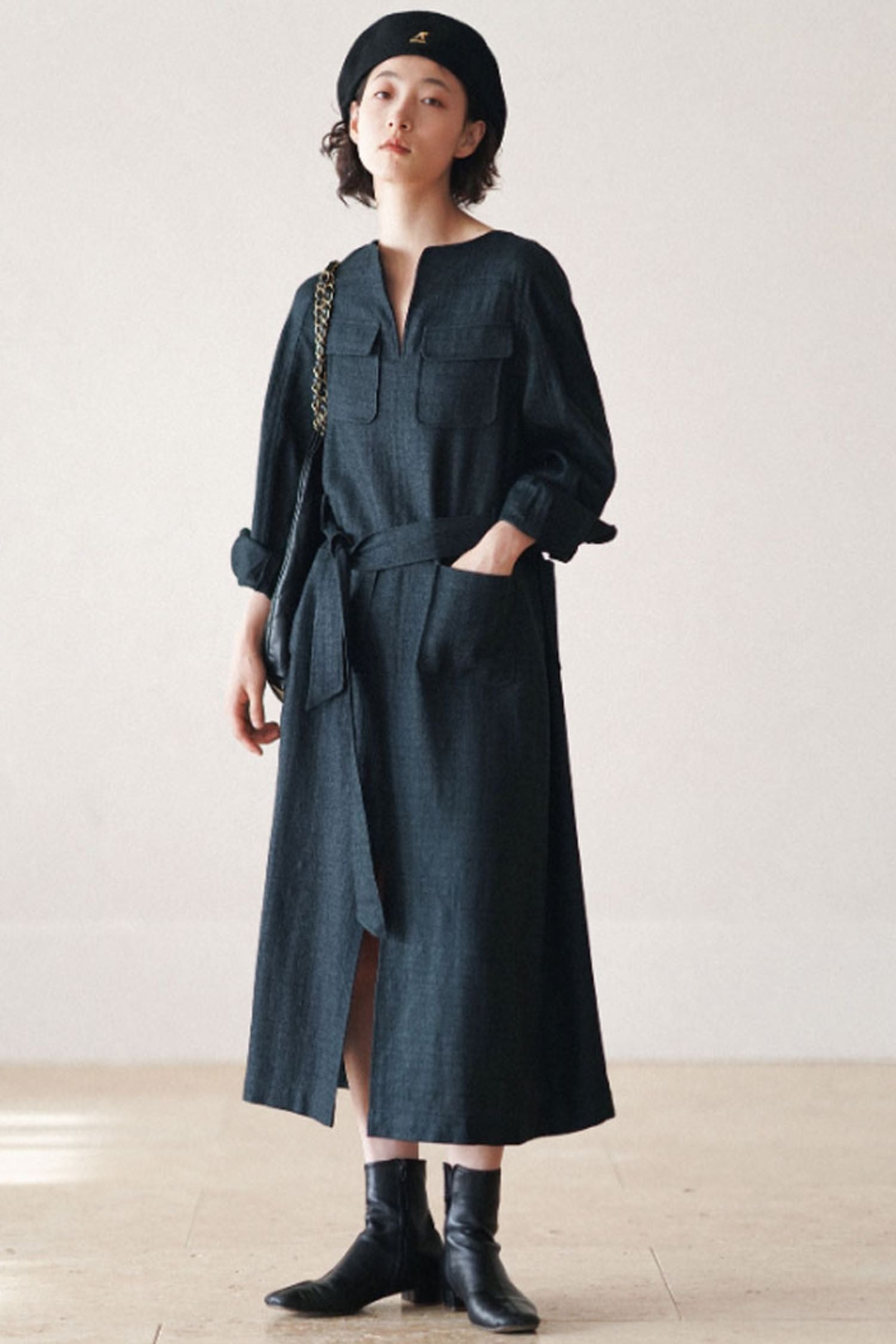 black linen belted dress Black linen midi dress | Belted shirt dress with long sleeves